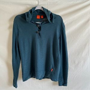 Hugo Boss Hoodie Pique Cotton Henley Long Sleeve Pullover Blue Size Small